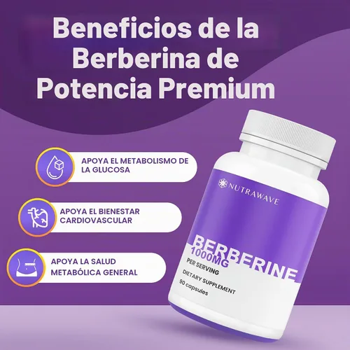 Vista 2 de Nutra Wave Suplemento Pure Berberine HCL 1000mg – Cápsulas de berberina de alta potencia – Apoya la salud digestiva e intestinal – Sin OMG, sin