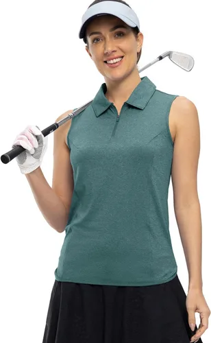 Vista 3 de YSENTO Camisas de golf sin mangas para mujer, ropa con cuello de 14 con cremallera de secado rápido, camisas polo de tenis