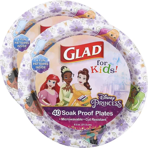 Vista 8 de Glad para Niños Platos de Papel Desechables de Princesas Disney, Marcos Florales - Resistente, A Prueba de Absorción, Apto para Microondas, Platos