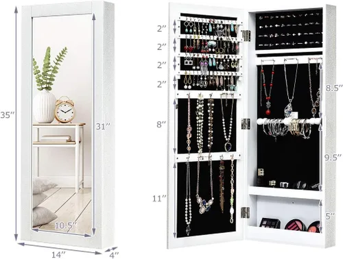 Vista 7 de Giantex Armario de joyería montado en la pared con espejo, organizador de joyas con ranuras para aretes, ganchos para collares, ranuras para anillos