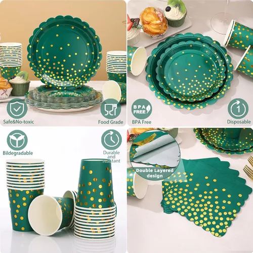 Vista 7 de 175 piezas de decoración de fiesta verde y dorada - Suministros de fiesta con platos y servilletas verdes - Platos de papel festoneados