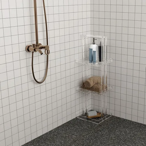 Vista 7 de Aquiver Organizador de ducha de acrílico de pie, soporte organizador de ducha de 3 niveles con asa, organizador de ducha esquinero para baño
