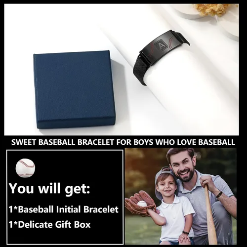 Vista 6 de Fervia Regalos de graduación de Pascua para hombres, pulsera con inicial de béisbol, color negro, plateado, dorado, acero inoxidable, pulseras