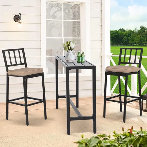Vista 7 de Sillas y mesa de bar para exteriores, juego de bar de metal para patio, 3 piezas con taburetes y cojines, patio trasero, porche, bistró, balcón Negro