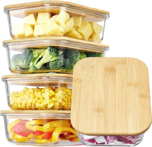 Vista 8 de Vtopmart Recipientes de vidrio para almacenamiento de alimentos con tapas de bambú, paquete de 4 recipientes de vidrio para preparación de comidas