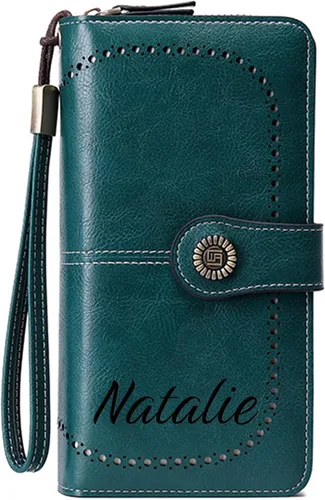 Vista 22 de Cartera de pulsera personalizada, carteras con nombre grabado personalizado con bloqueo RFID, gran capacidad, cartera de mano para tarjetas de Cuero