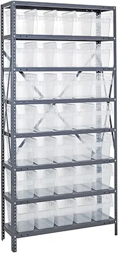 Vista 314 de Quantum QSBU-245BK Heavy Duty Shelving Unit with (7) Shelves and (24) QUS245 Black Bins for Garage Warehouse Storage Distribution 400 lb Load