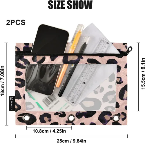 Vista 3 de Estuche para lápices con estampado de leopardo y guepardo rosa para carpeta de 3 anillos, 2 bolsas para lápices con cremallera, estuche transparente
