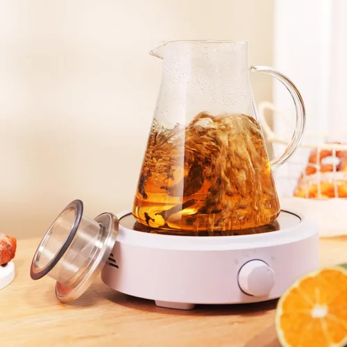 Vista 4 de CNGLASS Tetera de vidrio de 30.5 oz/900 ml segura para estufa, tetera de un toque transparente, tetera para té floreciente y de hojas sueltas