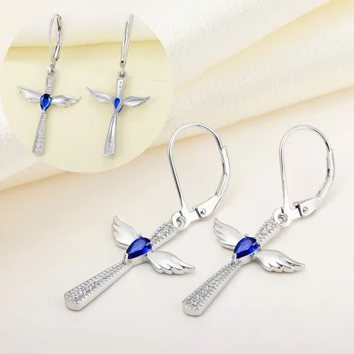 Vista 5 de YL Pendientes de cruz de plata de ley 925 con alas de ángel, pendientes de lágrima y piedras natales colgantes, Metal