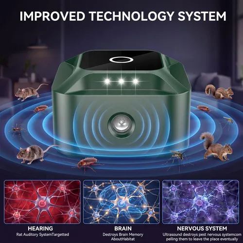 Vista 2 de Enchufe repelente de ratón ultrasónico 2026, 4 modos de dispositivos repelentes de roedores para interiores con luz estroboscópica LED, disuasorio