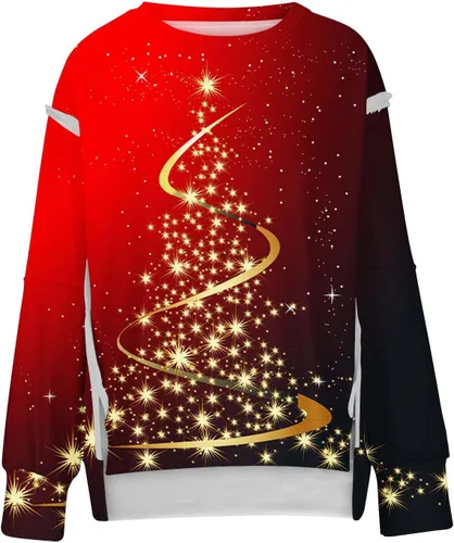 Vista 7 de Sudaderas para mujer con estampado gráfico de Navidad, suéter de retazos sólidos, camisas casuales de ajuste holgado a rayas