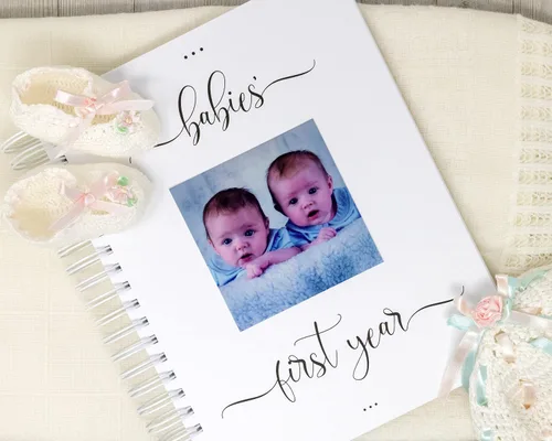 Vista 14 de Personalized Twin Baby Memory Book - Hardcover First Year Album Customized with Babies’ Names - Prompted Baby Journal (Blue Mountains)