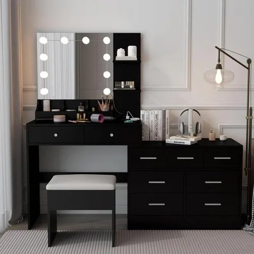 Vista 9 de Escritorio de maquillaje con espejo y luz, espejo de tocador con estación de carga para dormitorio, mesa de maquillaje con estantes