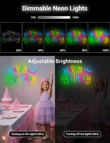 Vista 6 de Letrero de neón de feliz cumpleaños para decoración de fondo, letrero LED con luz de feliz cumpleaños para telón de fondo de fiesta con alimentación