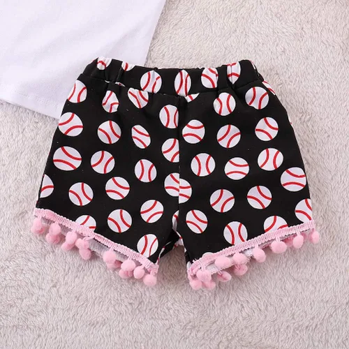 Vista 7 de Conjunto de ropa de dos piezas con estampado de hermanas de béisbol y pantalones cortos con borlas, ropa de dos piezas
