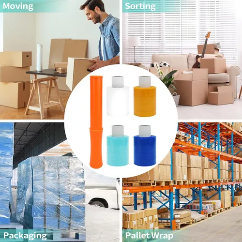 Vista 7 de Paquete de 4 películas elásticas de color con 1 mango de plástico, 3.94 pulgadas x 525 pies, resistencia industrial, autoadherente, envoltura