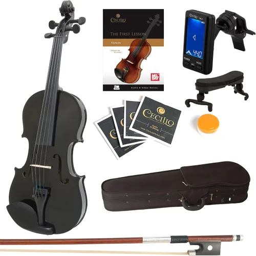 Vista 12 de Violín Mendini de madera sólida, libro de lecciones, cuerdas extra, sintonizador violín, arco y estuche