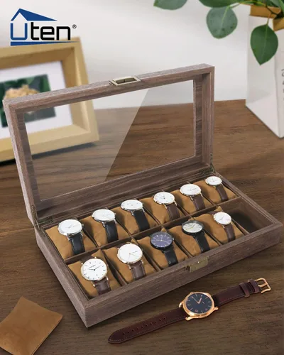 Vista 2 de Uten Caja de reloj con 12 ranuras, organizador de caja de reloj con tapa de vidrio real, caja de almacenamiento de cuero sintético de grano