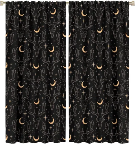 Vista 48 de BAEKJIN Cortinas de cabeza de cabra, diseño de calavera malvada, bruja, símbolo misterioso, bolsillo para barra, cortinas opacas para ventana, juego