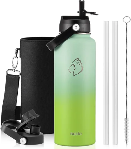 Vista 14 de BUZIO Botella de agua aislada de 24 oz, frasco de agua de boca ancha de acero inoxidable con tapa de pajita, frío durante 48 horas a prueba de Negro