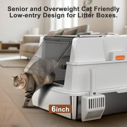 Vista 6 de AIPERRO Caja de arena cerrada extragrande de acero inoxidable para gatos con tapa - XXXL Cajas de arena metálicas cerradas de lados altos gigantes