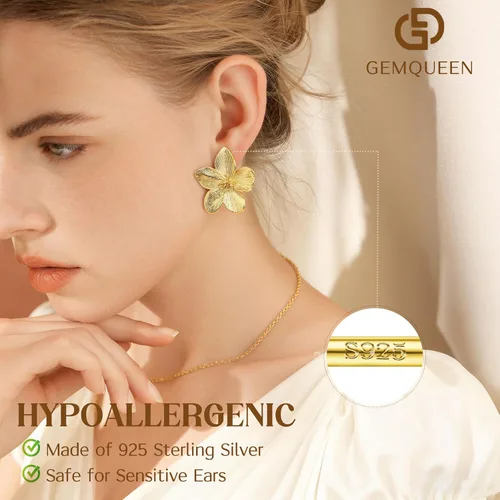 Vista 2 de Aretes de plata de ley 925 aretes colgantes chapados en oro de 14 quilates, hipoalergénicos, únicos, grandes, florales, gruesos, joyería para mujer