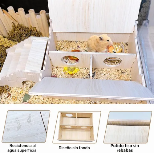 Vista 2 de Túnel de escondite de hámster de madera, casa multicámara, hámster enano, escondite, cabaña, laberinto, plataforma, hábitats exploradores, juguetes