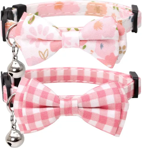 Vista 10 de Paquete de 2 collares de gato con pajarita y flor a cuadros de campana para gatito Azul