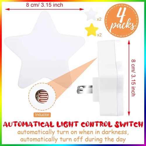 Vista 2 de Mudder 4 piezas de luz nocturna de estrella enchufable a la pared, luz nocturna LED suave, linda lámpara de pared para cuarto de bebé, sensor