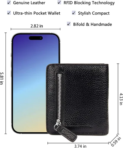 Vista 5 de BIG SALE-AINIMOER billetera de bolsillo pequeña con cremallera, plegable, compacta de cuero con bloqueo por identificación por radiofrecuencia