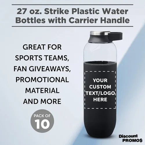 Vista 3 de DISCOUNT PROMOS Custom Strike - Botellas de agua de plástico con asa de transporte de 27 onzas, juego de 10, paquete personalizado a granel