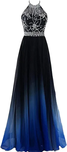 Vista 7 de Kivary Vestidos de noche largos de gasa degradado con cuentas transparentes halter, Ombre