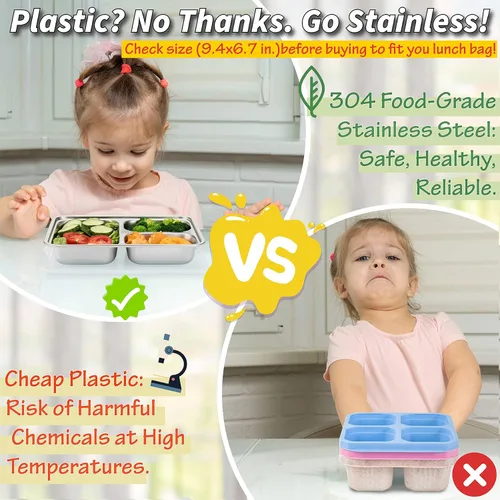 Vista 5 de Recipientes de acero inoxidable con tapas de plástico, 3 unidades, cajas Bento de 3 compartimentos, grandes y reutilizables para preparar comidas