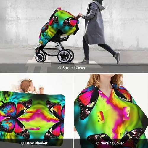 Vista 9 de Baby Car Seat Canopy Cover for Mom, Soft Breathable Nursing Breastfeeding Covers Multi Use Stroller Sun Shade Newborn Shower Gift，Colorful Butterfly