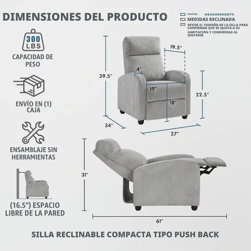 Vista 2 de Lexicon Sillón Reclinable de Pana con Respaldo Empujable Sillón Butaca Reclinable de Empuje hacia Atrás, Marco de Madera Sólida y Base de Metal Gris