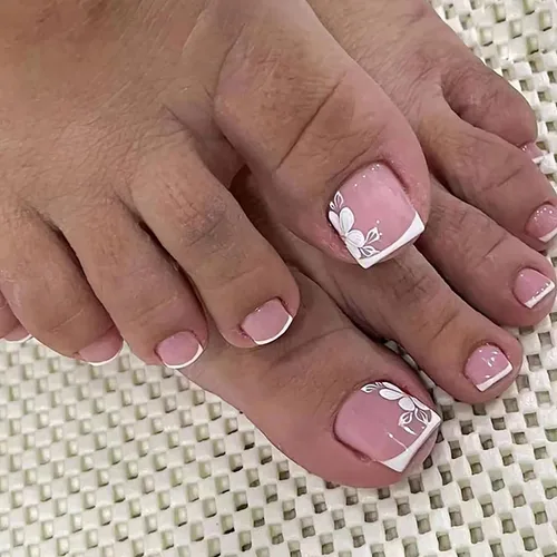 Vista 14 de Uñas postizas acrílicas artificiales negras para los dedos de los pies, ataúd a presión con diseños de flores blancas, uñas postizas reutilizables