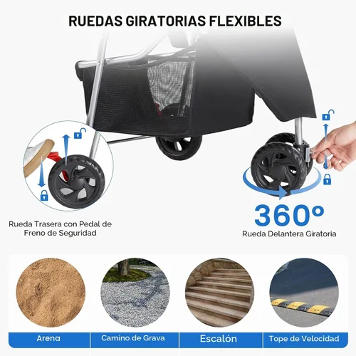 Vista 6 de [Usado] NEWBULIG - Cochecito plegable de 3 ruedas para perros y gatos Ligero y duradero, ideal para mascotas pequeñas a medianas, incluye cesta