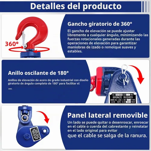 Vista 2 de Bloque de arranque de 2 toneladas con gancho Polea de bloque de arranque resistente Azul+Rojo