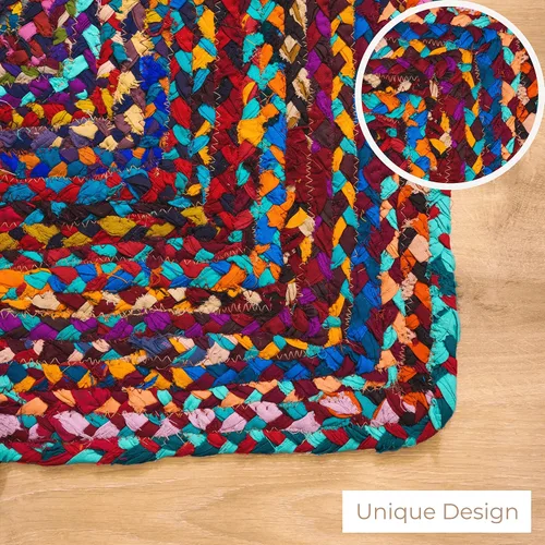 Vista 3 de RAJRANG Alfombra reversible Chindi de trapo, de algodón de 2 x 3 pies, hecha a mano, trenzada, multicolor, alfombra bohemia