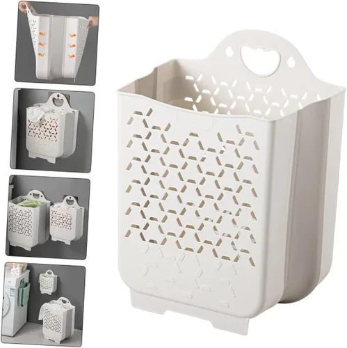 Vista 2 de Alipis Cesta de lavandería plegable de plástico para niños, color blanco, 1 juego