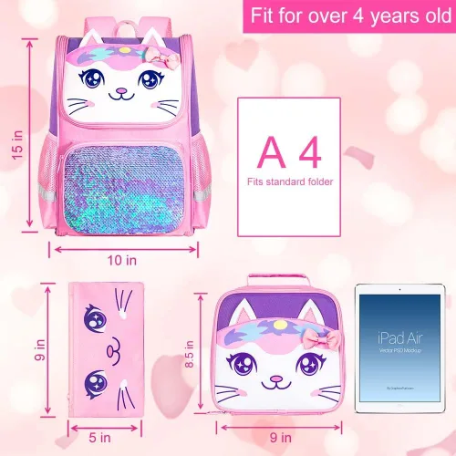 Vista 48 de KLFVB Mochila de 3 piezas para niñas y niños, bolsa de libros de dinosaurio de unicornio de 15 pulgadas con lonchera, bolsa escolar preescolar