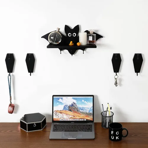 Vista 8 de 4 Piezas de Gancho de Pared en Forma de Ataúd para Llaves - Decoración Gótica Espeluznante para el Hogar en la Pared - Perchero Rústico Negro