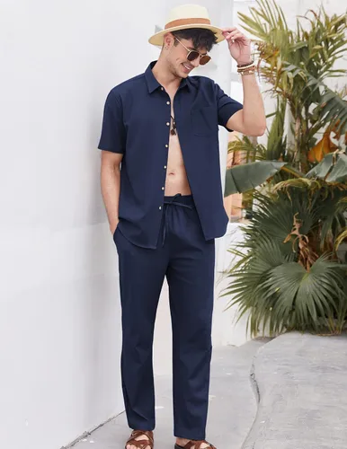 Vista 3 de COOFANDY Conjunto de 2 piezas de lino para hombre, conjunto de camisa y pantalón con botones para la playa