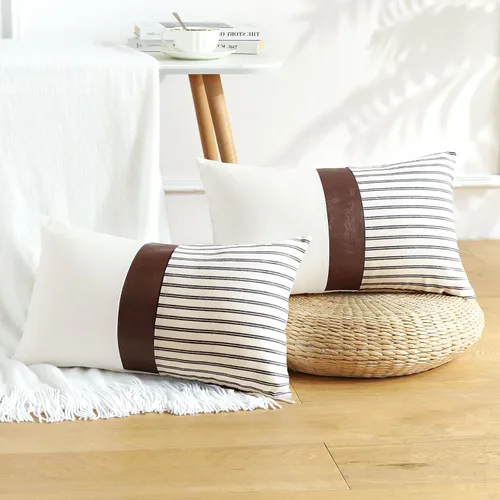 Vista 3 de OTOSTAR Juego de 2 fundas de almohada decorativas de granja de 12 x 20 pulgadas, fundas de almohada modernas de retazos de piel sintética a rayas