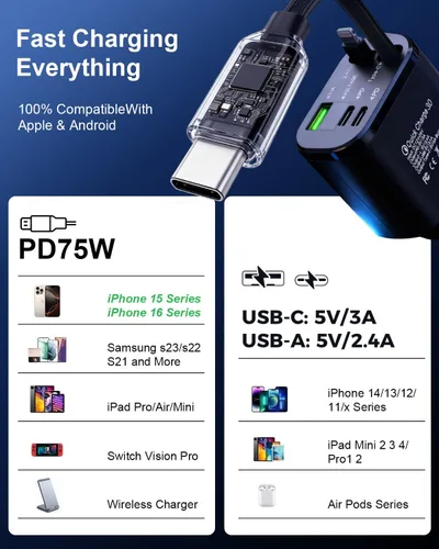 Vista 4 de Cargador de coche rápido 5 en 1 con puertos USB-A y USB-C, carga de alta velocidad de 75 W, cables retráctiles USB-C y Lightning, compatible
