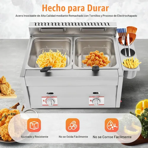 Vista 2 de Freidora de gas comercial de 6 litros, freidora de gas de doble tanque de acero inoxidable, freidora de gas de encimera con 2 canastas