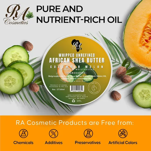 Vista 6 de RA COSMETICS Manteca de karité batida, pepino-melón, 6 onzas, manteca de karité africana 100% pura y natural para hombres y mujeres, hidratante