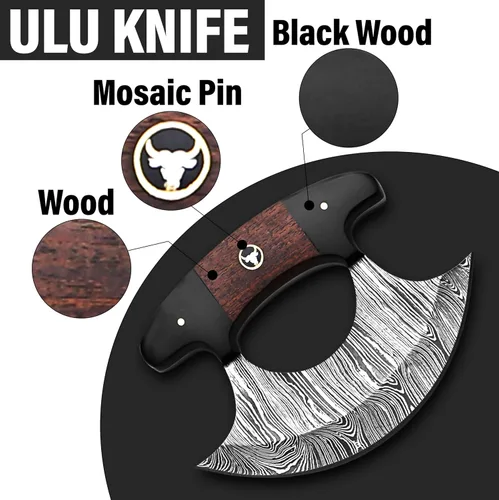 Vista 4 de Damascus Ulu Cuchillo hecho a mano de 5.5 pulgadas, cortador de pizza de Alaska, pequeño cuchillo Ulu con funda, regalo ideal de Alaska para picar