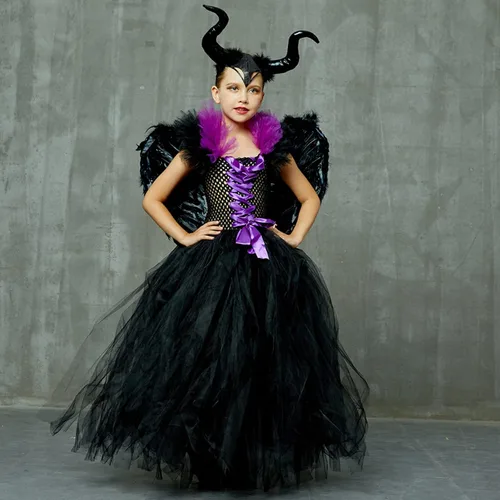 Vista 3 de Disfraz de bruja de Halloween para niñas y niñas, disfraz de disfraz de lujo con alas y cuernos